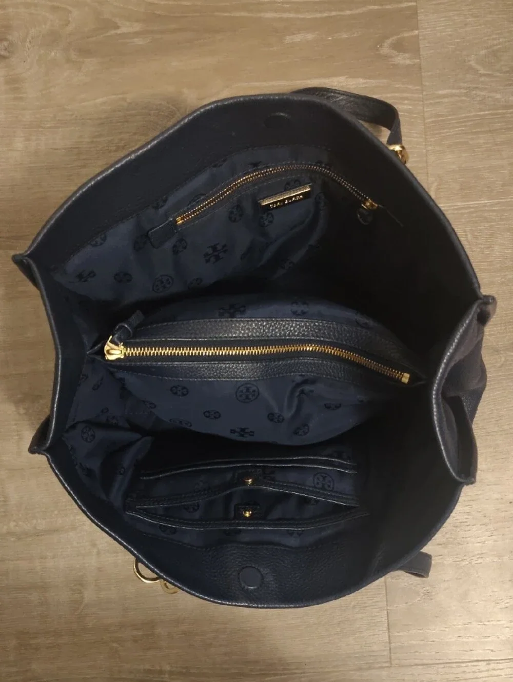 Tory Burch Britten Slouch Navy Pebbled Leather Double-Handle Tote with Gold Logo